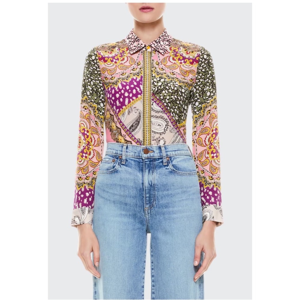 Alice + Olivia Willa Hidden Placket Mixed Print Silk Blouse Multicolor XS